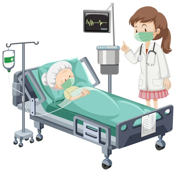 Sjukhusscen Med Sjuk Patient Sängen Vit Bakgrund Illustration — Stock vektor