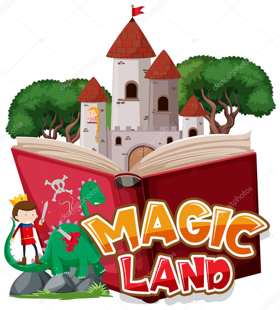 Font design for word magic land with dragon and prince illustration