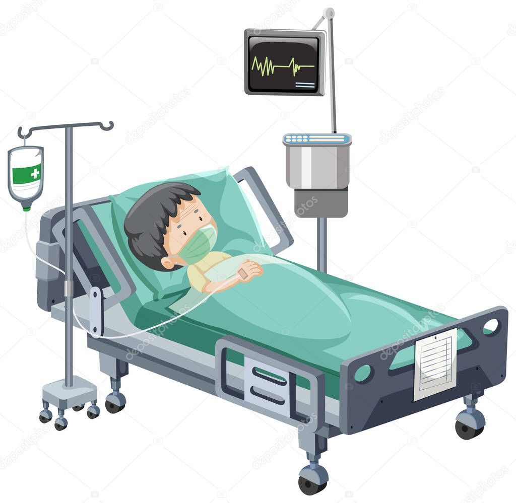 Hospital scene with sick patient in bed on white background illustration