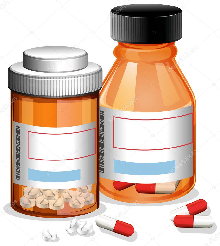 Pills in two bottles on white background illustration