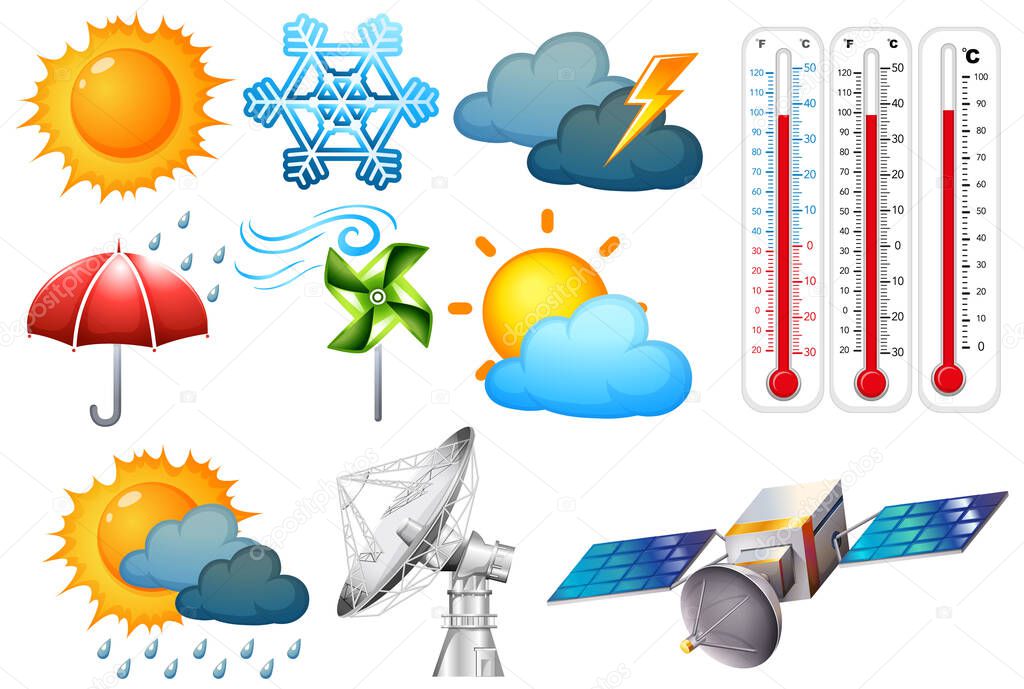 Set of symbols for weather and climate on white background illustration