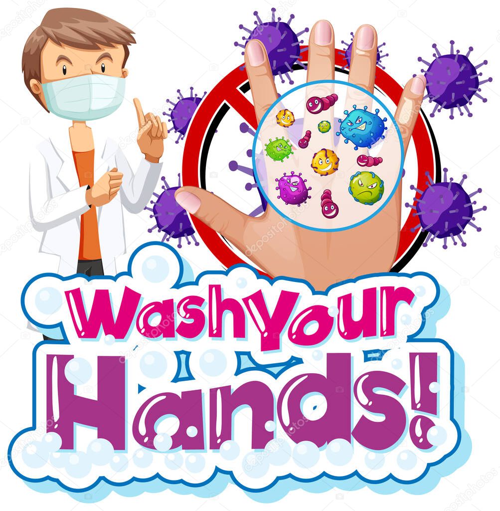 Coronavirus theme poster design with word wash your hands illustration