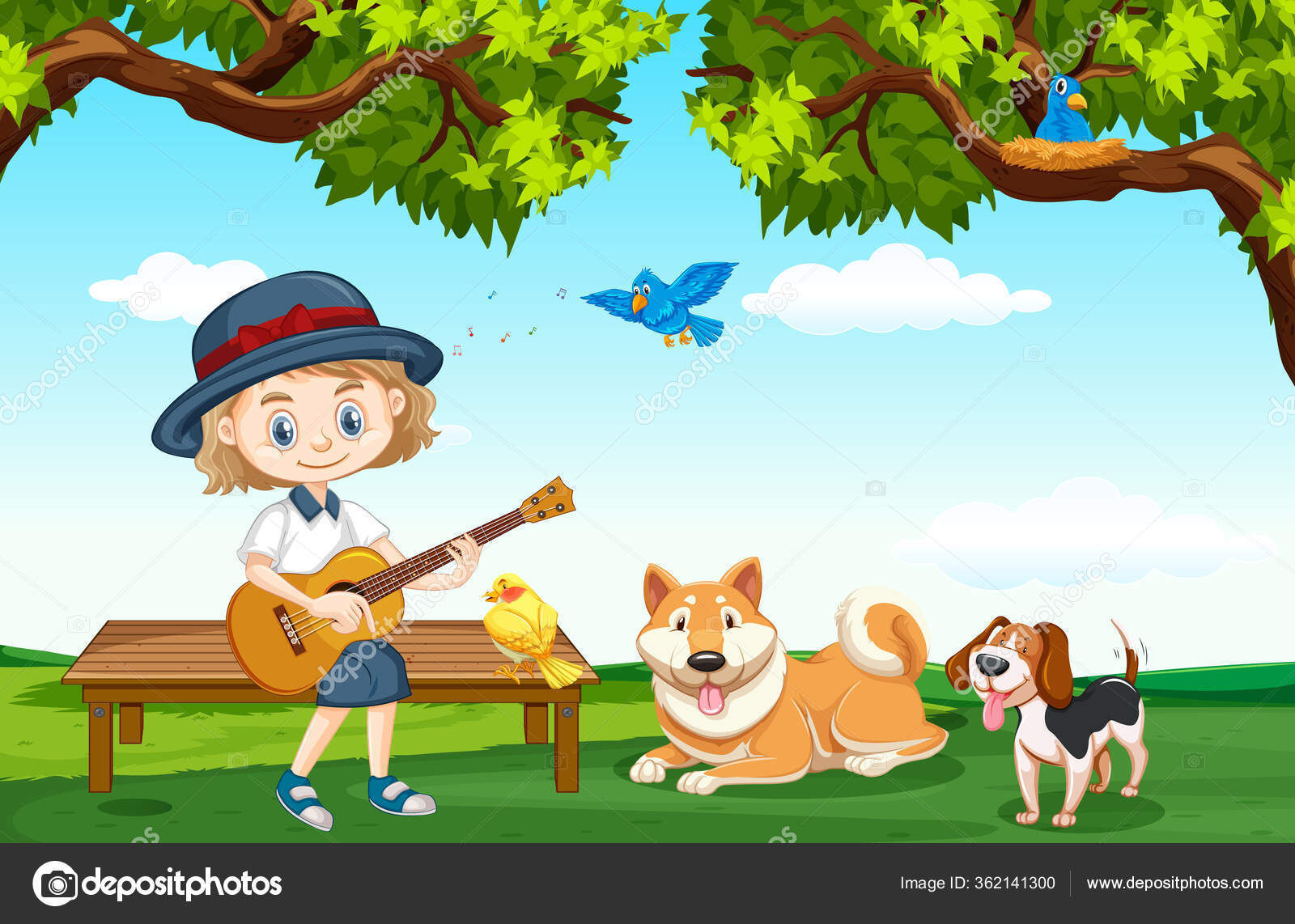 Scene Cute Girl Many Pets Park Illustration Stock Vector by