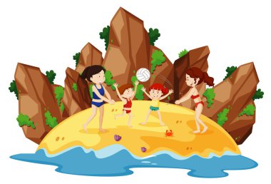 Sahilde eğlenen insanların olduğu okyanus sahnesi.