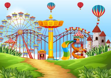 Saha illüstrasyonunda birçok sürüşün olduğu tema parkı sahnesi