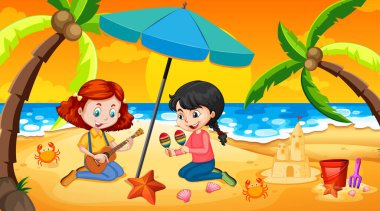 Sahilde eğlenen insanların olduğu okyanus sahnesi.