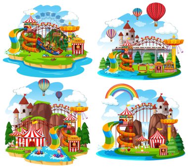 Birçok gezinti ve su kaydırağı resimli tema parkı sahnesi