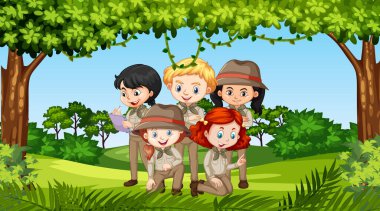 Park illüstrasyonunda birçok çocuğun oynadığı sahne