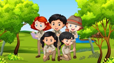 Park illüstrasyonunda birçok çocuğun oynadığı sahne