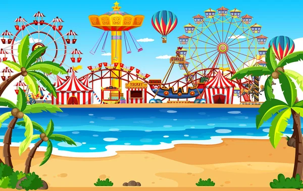 Themepark Szene Mit Vielen Fahrgeschäften Strand Illustration — Stockvektor