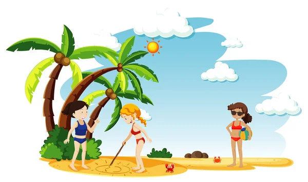 Ocean Scene People Having Fun Beach Illustration — Stock Vector