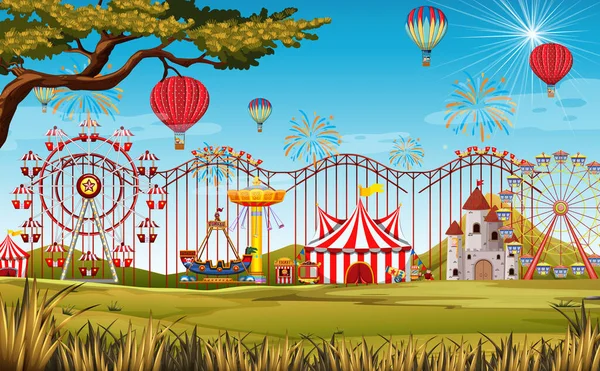 Themepark Escena Con Muchos Paseos Gran Ilustración Campo — Vector de stock