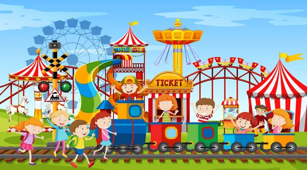 Themepark Scene Met Vele Attracties Gelukkige Kinderen Illustratie — Stockvector