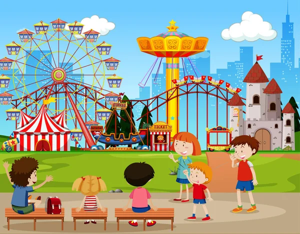 Themepark Σκηνή Πολλές Βόλτες Και Ευτυχισμένη Παιδιά Εικονογράφηση — Διανυσματικό Αρχείο