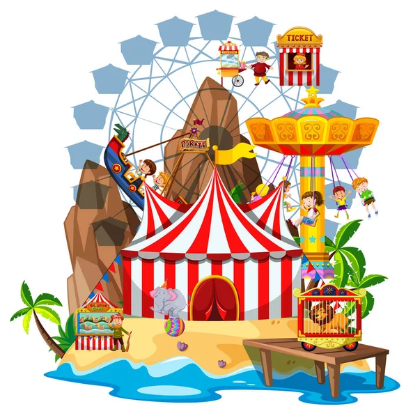 Scène Avec Nombreux Enfants Jouant Sur Des Tours Cirque Illustration — Image vectorielle