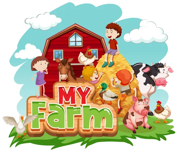 Font Design Word Farm Animals Kids Illustration — Stock Vector
