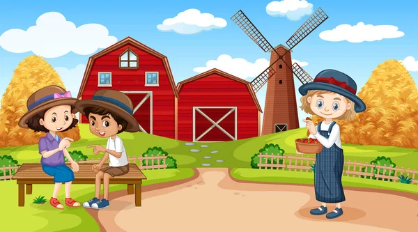 Scene Three Kids Working Farm Illustration — Stock Vector