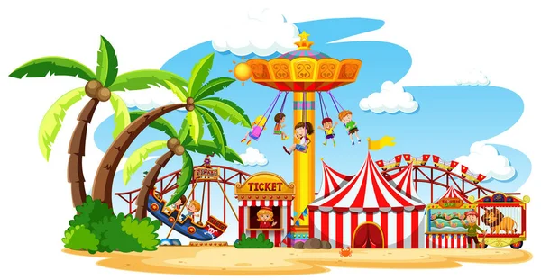 Themepark Σκηνή Πολλές Βόλτες Και Ευτυχισμένη Παιδιά Εικονογράφηση — Διανυσματικό Αρχείο