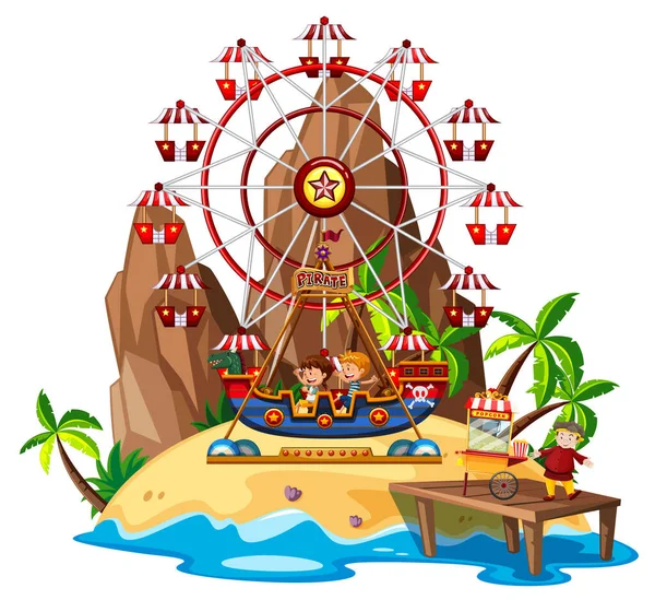 Scene Wtih Kids Playing Circus Rides Island Illustration — Stock Vector