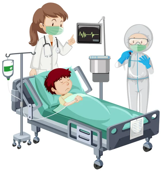 Coronavirus Thema Met Zieke Jongen Ziekenhuisbed Illustratie — Stockvector