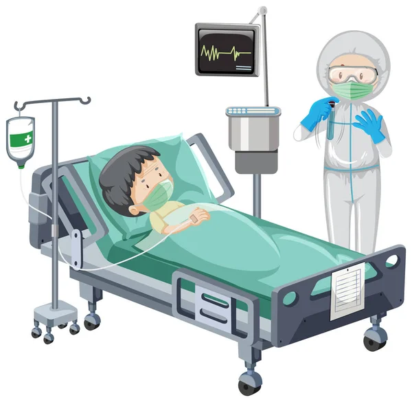 Escena Hospitalaria Con Paciente Enfermo Cama Sobre Fondo Blanco Ilustración — Vector de stock