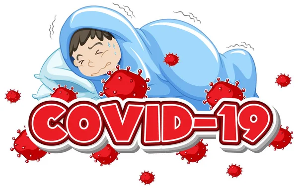 Covid Modelo Sinal Com Menino Doente Cama Ilustração —  Vetores de Stock