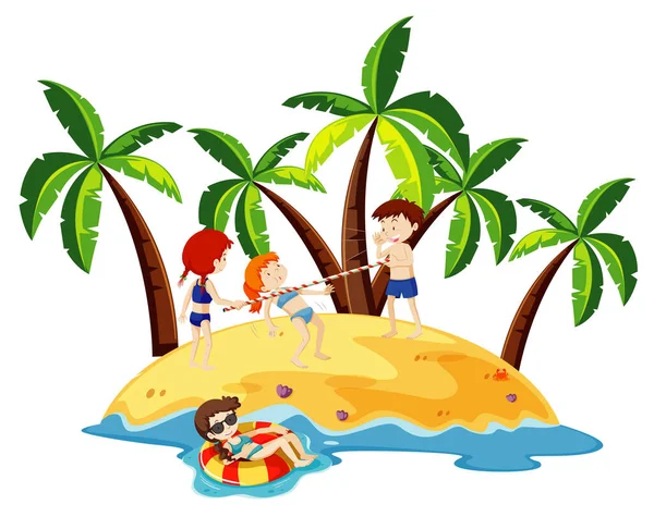 Ocean Scene Happy Children Playing Illustration — Stock Vector