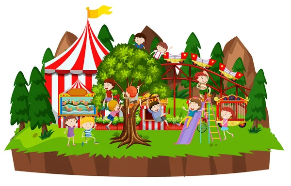 Scène Met Veel Kinderen Spelen Het Circus Park Illustratie — Stockvector