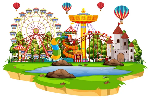 Scène Met Vele Attracties Het Funpark Witte Achtergrond Illustratie — Stockvector
