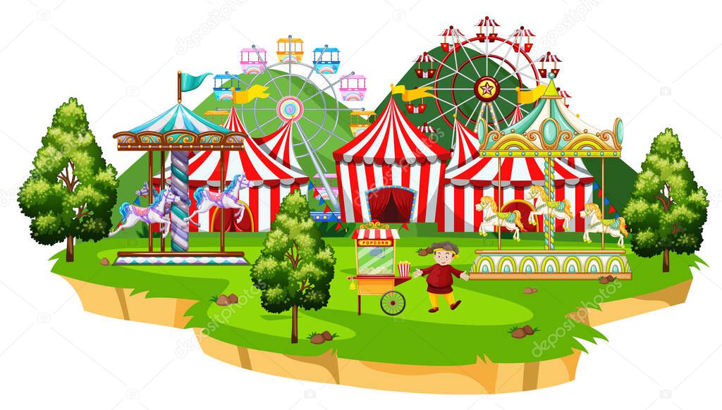 Scene with many rides in the circus park illustration