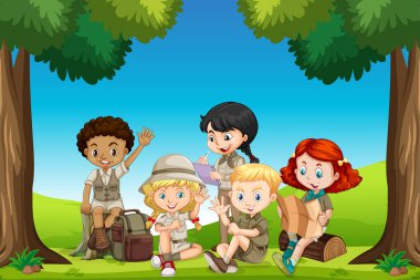 Park illüstrasyonunda birçok çocuğun oynadığı sahne