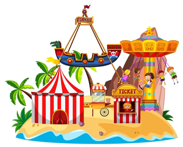Сцена Цирковими Атракціонами Багатьма Дітьми Ілюстрації Острова — стоковий вектор