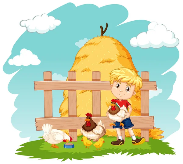 Scene Boy Many Chickens Farm Illustration — Stock Vector