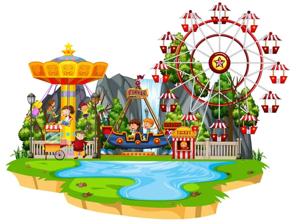 Scène Avec Nombreux Enfants Jouant Des Manèges Dans Illustration Funpark — Image vectorielle