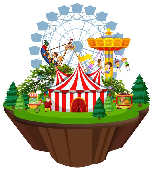 Szene Mit Vielen Kindern Auf Den Zirkusfahrgeschäften Illustration — Stockvektor