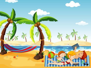 Sahilde eğlenen insanların olduğu okyanus sahnesi.