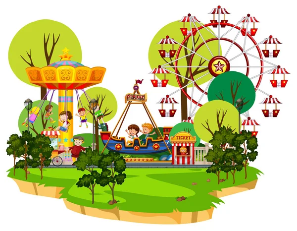 Scena Con Molti Bambini Che Giocano Nel Parco Illustrazione — Vettoriale Stock