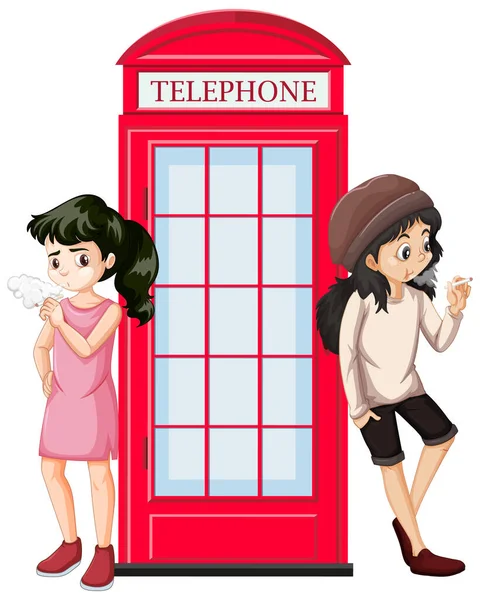 Scene Two Teenagers Smoking Telephone Booth Illustration — Stock Vector