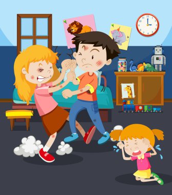 İnsanların resimle savaştığı aile içi şiddet sahnesi