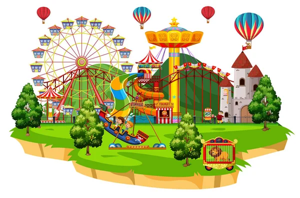Scene Many Children Playing Circus Rides Illustration — Stock Vector