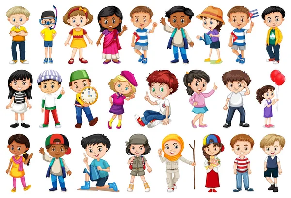 Große Gruppe Von Kindern Bei Verschiedenen Aktivitäten Illustration — Stockvektor