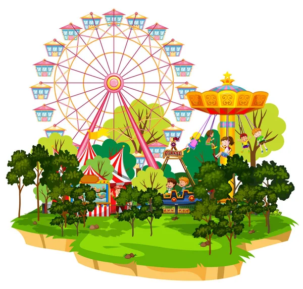 Scène Avec Nombreuses Promenades Dans Funpark Sur Fond Blanc Illustration — Image vectorielle