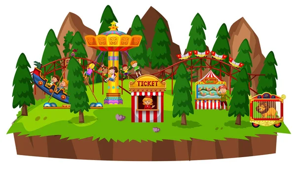 Island Scene Met Veel Kinderen Spelen Circus Ritten Illustratie — Stockvector