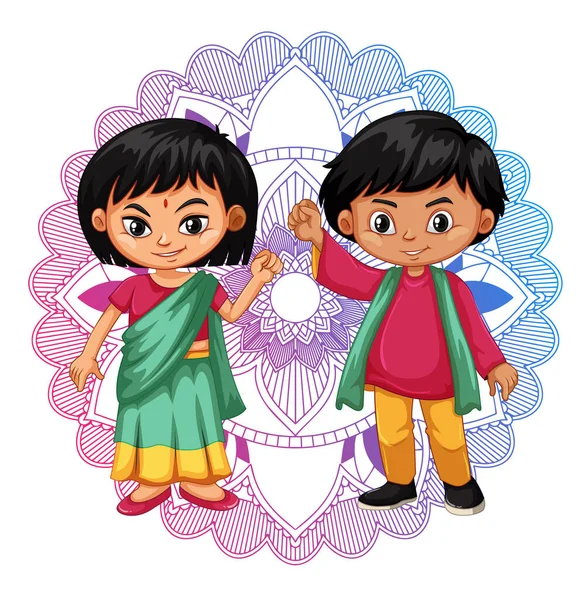 带有曼达拉背景说明的印度男孩和女孩 — 图库矢量图片
