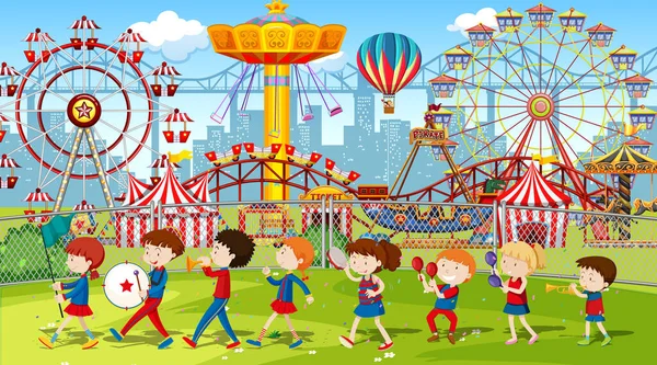 Themepark Escena Con Muchos Paseos Con Niños Ilustración Banda — Vector de stock