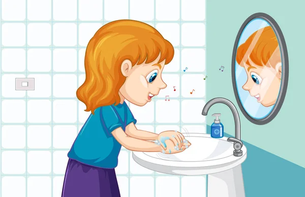 Mała Dziewczynka Myje Ręce Zlewie Ilustracja — Wektor stockowy