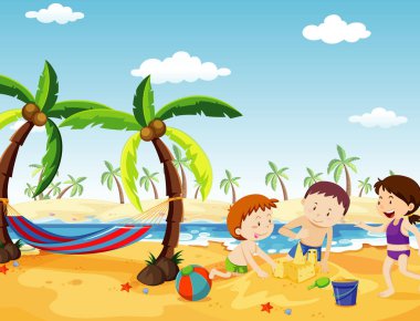 Sahilde eğlenen insanların olduğu okyanus sahnesi.