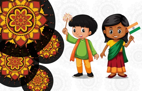Mandala Patrón Fondo Diseño Con Chica India Niño Ilustración — Vector de stock