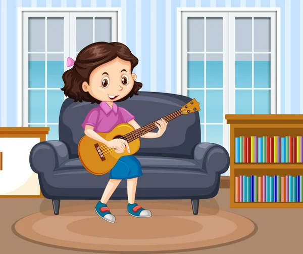 Σκηνή Κορίτσι Που Παίζει Κιθάρα Στο Σαλόνι Εικονογράφηση — Διανυσματικό Αρχείο