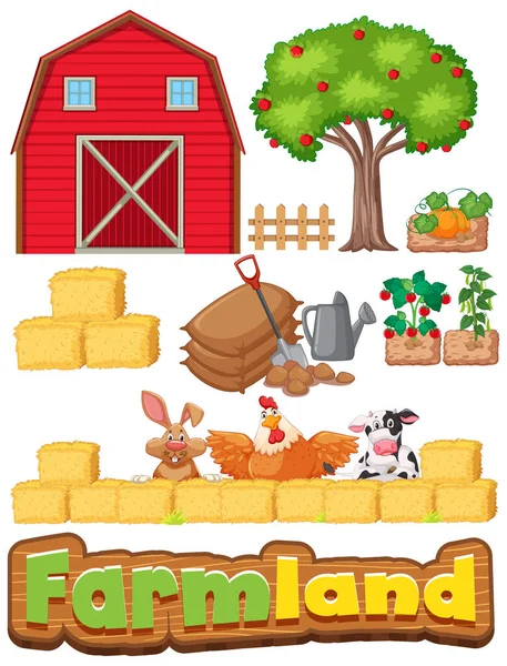 Set Farm Items Many Animals Illustration — Stock Vector